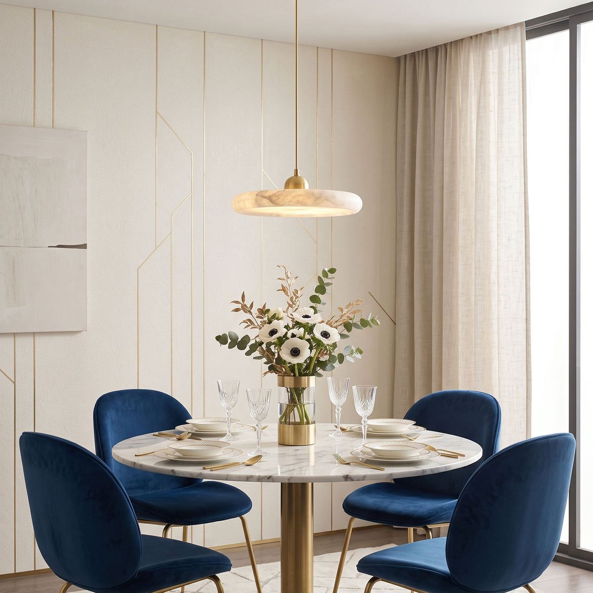 Inigo Slim Alabaster Pendant Light lit, showing veining