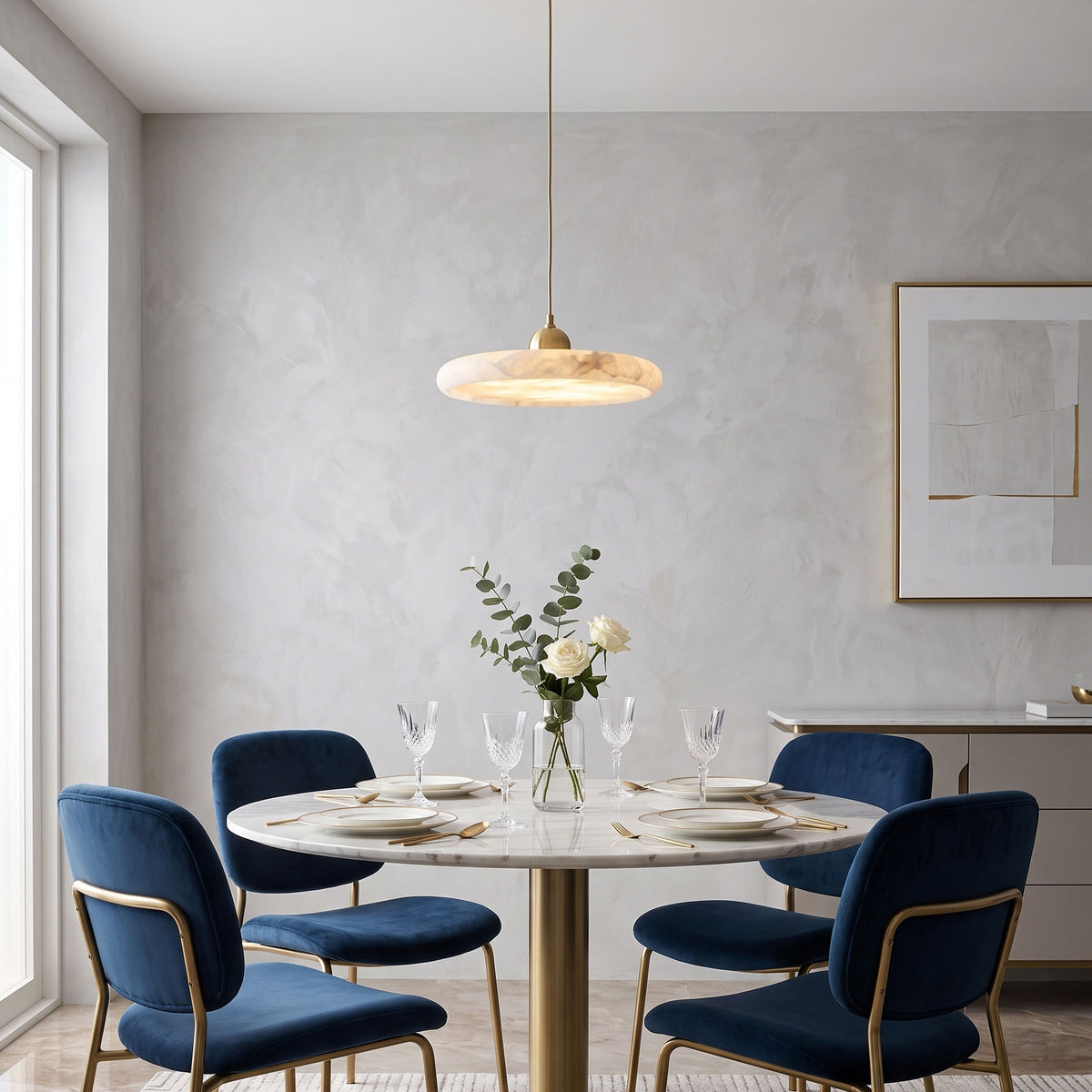 Inigo Slim Alabaster Pendant Light hanging over a counter