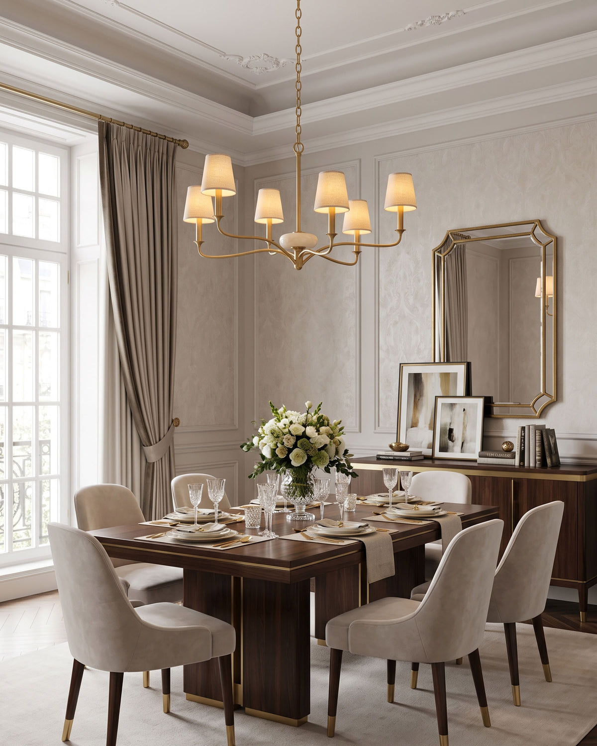 Perseus Aged Fabric Chandelier brass arm and alabaster accent detail